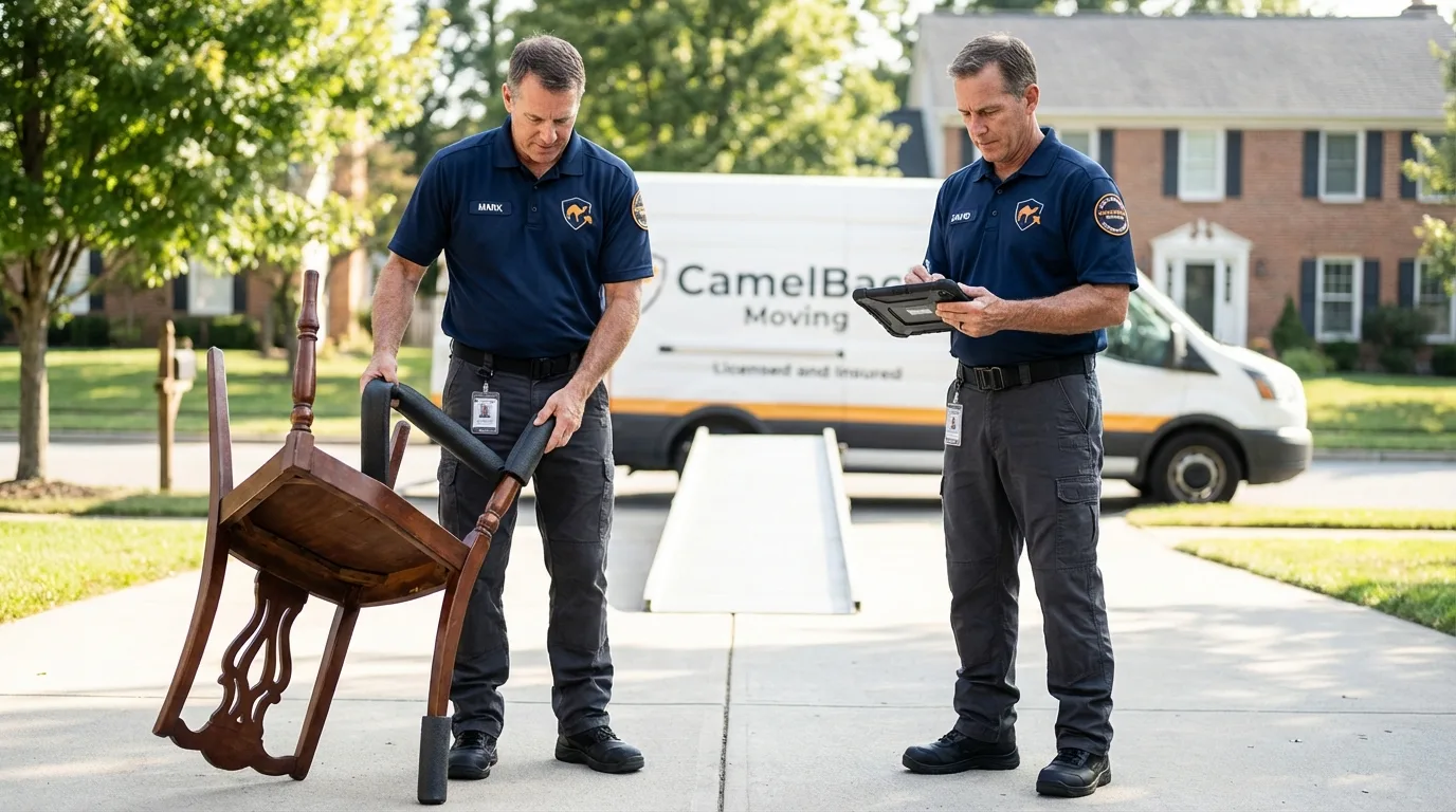 Movers inspecting furniture for damage prevention before loading in Brooksville, KY