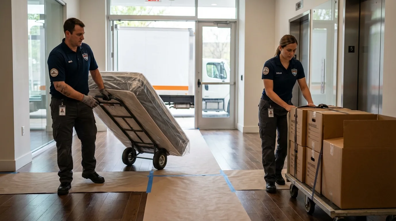 Professional apartment movers loading elevator in Brooksville, KY